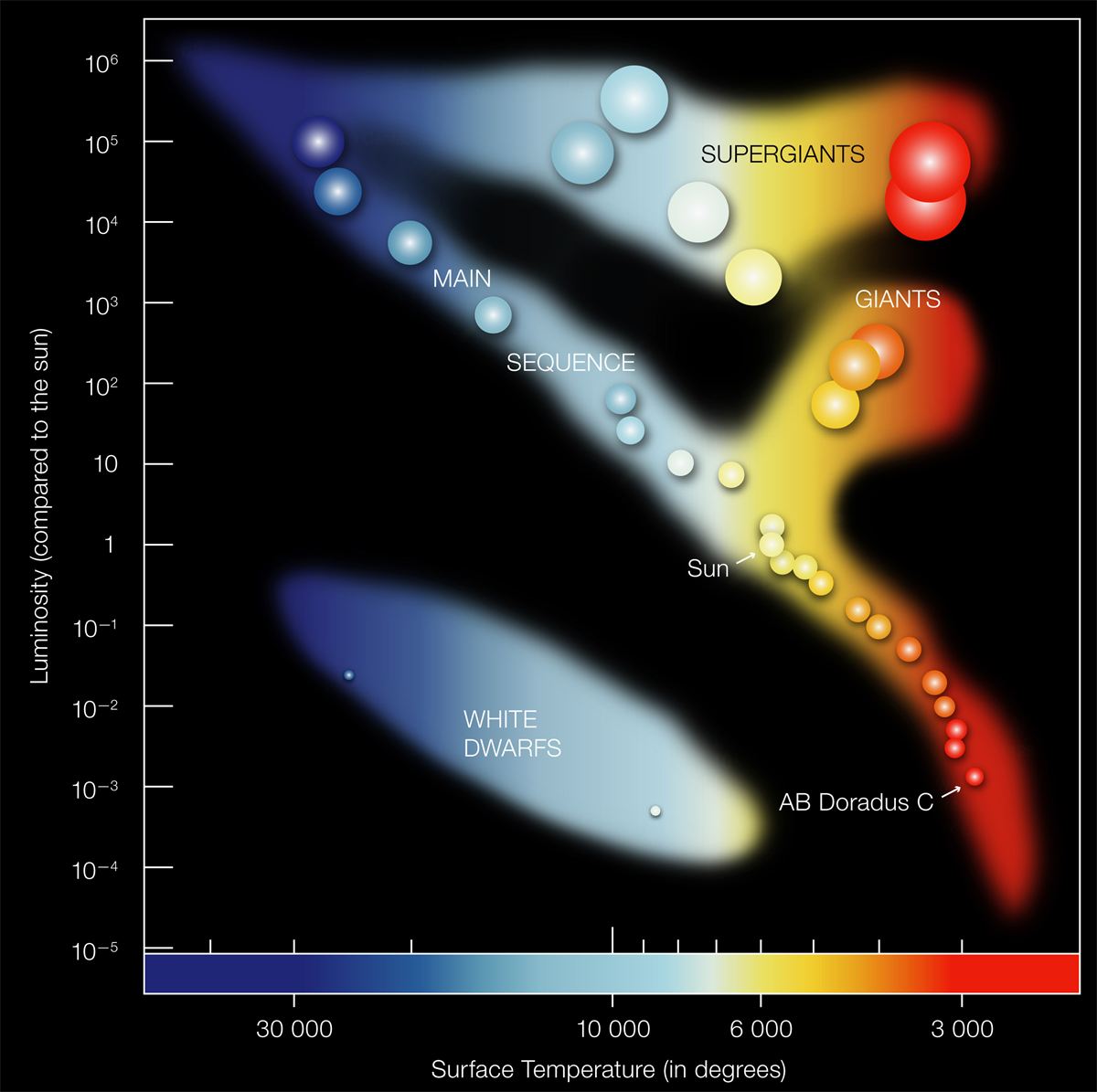 A Hertzsprung–Russell diagram on a black background. Luminosity compared with the Sun runs up the vertical axis from 10 to the minus 5 to 10 to the 6, and surface temperature runs along the bottom from about 40 000 K on the left to below 3000 K on the right, over a colour bar from blue to red. Stars are drawn as coloured balls, bigger for bigger stars. The main sequence runs diagonally from large blue stars at the top left, through the Sun, to small red stars at the bottom right, ending with the red dwarf AB Doradus C. Large orange and red giants lie above the main sequence on the right, very large supergiants lie across the top, and white dwarfs lie in a pale band below and to the left.